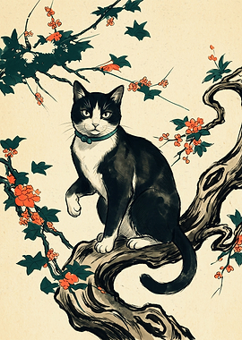 Black Cat On Tree Branch Japanese Ukiyo E Art