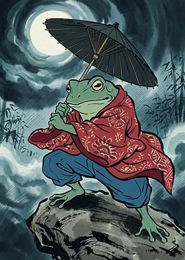 Samurai Frog Japanese Ukiyo E Art Full Moon Night Umbrella Print Poster