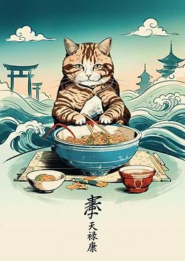 Cat Ramen Ukiyo E Art Japanese Woodblock Print Noodles Torii Gate Ocean Waves Poster