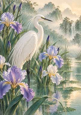 White Egret Among Purple Irises