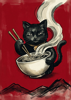 Black Cat Ramen Japanese Ukiyo E Art Print Steaming Noodles Bowl Red Wall Decor
