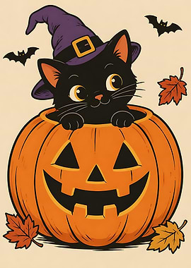 Cute Black Cat in Halloween Pumpkin