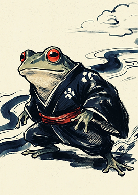 Samurai Frog Kimono Japanese Ukiyo E Art Ink Wash Painting Vintage Warrior Animal Poster