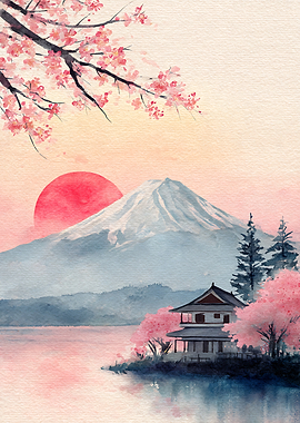 Watercolor Mount Fuji and Cherry Blossoms