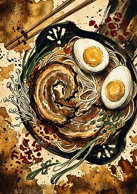 Delicious Japanese Ramen Noodle Bowl Food Art Watercolor Ink Sketch