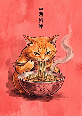 Cat Eating Ramen Japanese Watercolor Art Red Background Asian Noodle Bowl Poster