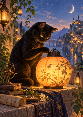 Black Cat with Glowing Lantern