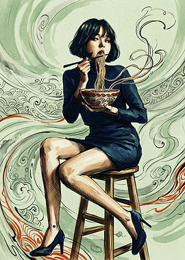 Woman Eating Ramen Noodle Illustration Japanese Food Art Style