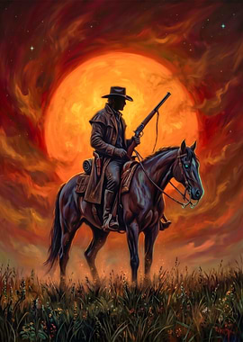 Lone Cowboy Riding at Sunset