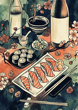 Japanese Food Sushi And Sake Set Vintage Illustration
