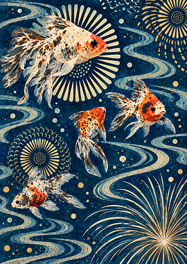 Goldfish and Fireworks Japanese Art