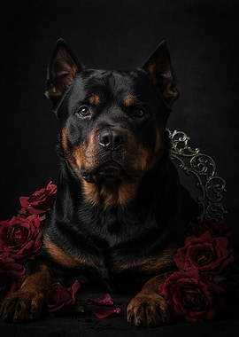 Rottweiler Portrait with Red Roses