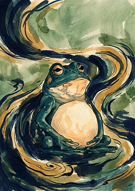 Zen Frog Meditating Watercolor Painting Earth Sphere Green Nature Animal Art Print