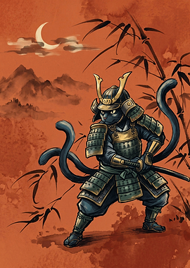 Samurai Cat Warrior Japanese Art Print