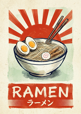 Japanese Ramen Bowl Poster Vintage Retro Art Print Noodles Asian Food Kitchen Decor