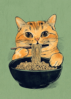 Cat Eating Ramen Noodles Cat Lover Pencil Sketch Illustration