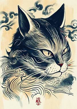 Samurai Cat Japanese Ukiyo E Art Traditional Ink Brush Painting Asian Animal Poster