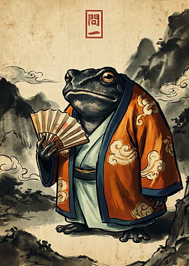 Samurai Frog Japanese Ink Wash Art Print Vintage Asian Animal Hand Fan Poster