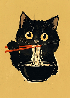 Black Cat Ramen Vintage Illustration Cute Animal Eating Noodles Retro Art Print Poster