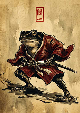 Samurai Frog Japanese Ink Sketch Red Kimono Art Print Vintage Bushido Warrior Poster