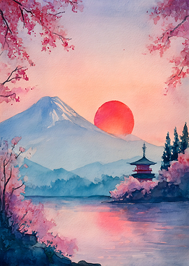 Watercolor Mount Fuji and Pagoda Sunset