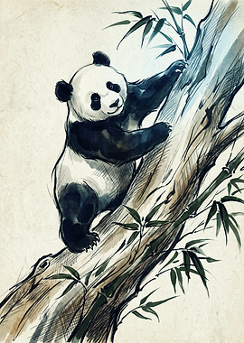 Panda Climbing Tree Japanese Sumi E Ink Wash Painting Bamboo Forest Aesthetic Print