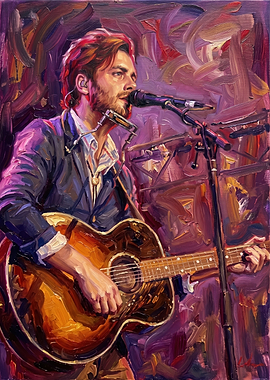 Oil Painting of Male Musician Performing