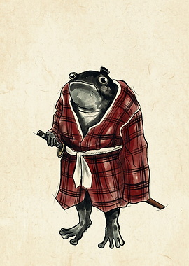 Samurai Frog In Robe Animal Warrior Japanese Ukiyo E Style Ink Drawing