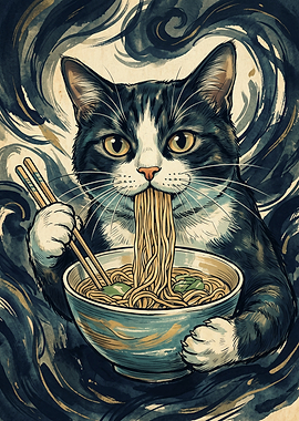 Cat Eating Ramen Noodles Cats Japanese Art Style