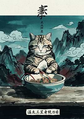 Cat Eating Ramen Ukiyo E Art Japanese Mountain Landscape Calligraphy Wall Poster Print