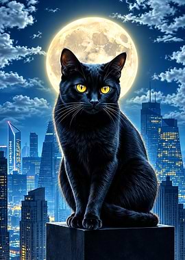 Black Cat Under Full Moon