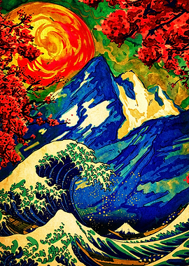 Vibrant Japanese Wave and Mountain Art