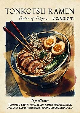 Tonkotsu Ramen Japanese Food Watercolor Art Poster Kitchen Wall Decor Recipe Print