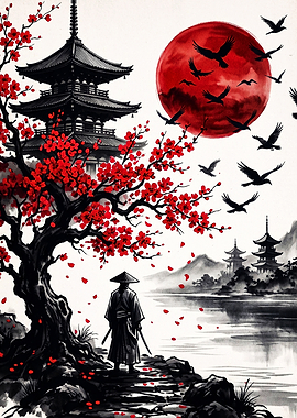 Samurai Under Red Moon and Pagoda