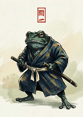 Samurai Frog Japanese Ink Art Print Warrior Toad With Katana Sword Wall Decor Poster