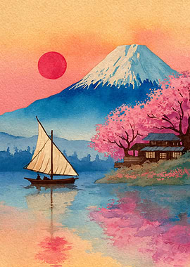 Mount Fuji and Cherry Blossoms Watercolor