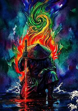 Kneeling Samurai with Glowing Katana