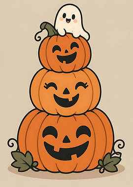 Cute Stacked Jack-o'-Lanterns with Ghost