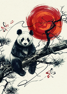 Panda Tree Japanese Ink Painting Red Sun Branch Blossom Oriental Asian Art Poster