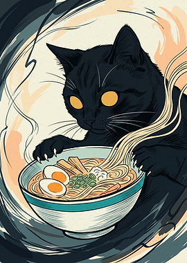 Black Cat Ramen Japanese Ukiyo E Art Print Noodles Bowl Foodie Lover Aesthetic Poster