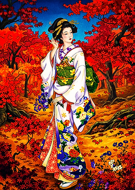 Geisha in Autumn Maple Forest