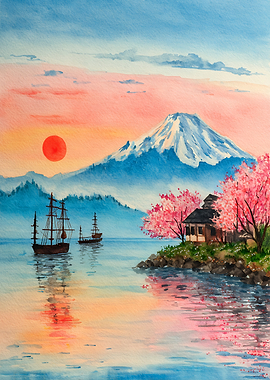 Watercolor Mount Fuji and Cherry Blossoms