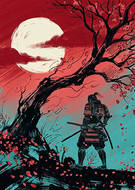 Samurai Warrior Under Cherry Blossom Tree Japanese Art Print