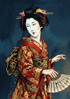 Traditional Japanese Geisha In Red Kimono Asian Art Ukiyo-e Style