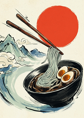 Ramen Bowl Japanese Ukiyo E Art Print Red Sun Mountain Landscape Noodles Poster