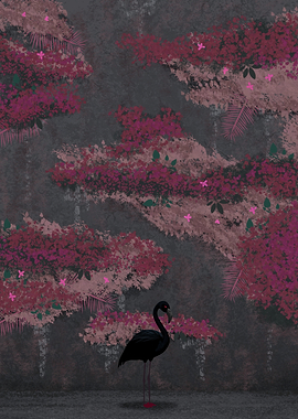 Dark Flamingo in Floral Forest