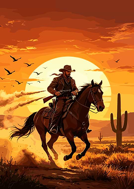 Cowboy Riding Horse in Desert Sunset