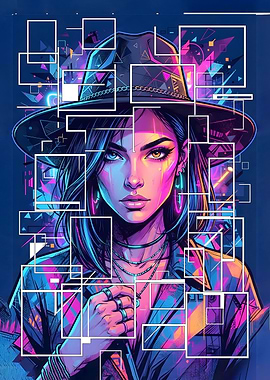 Neon Cyberpunk Woman in Hat
