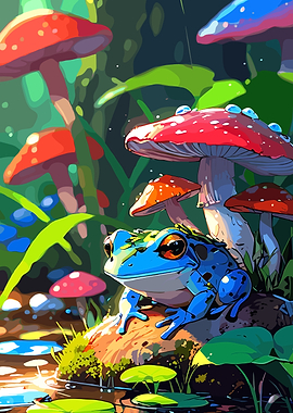 Blue Frog in Enchanted Mushroom Forest