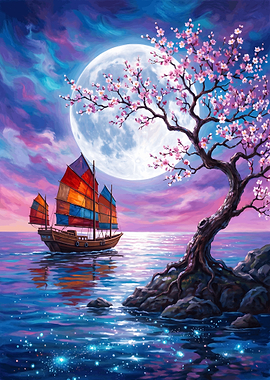 Moonlit Junk Boat and Cherry Blossom